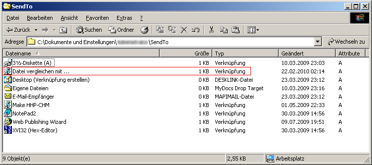 Abb.: SendTo-Verzeichnis im Explorer