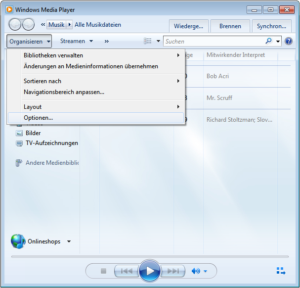 Abb. Windows Media Player Konfiguration