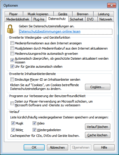 Abb. Windows Media Player Konfiguration