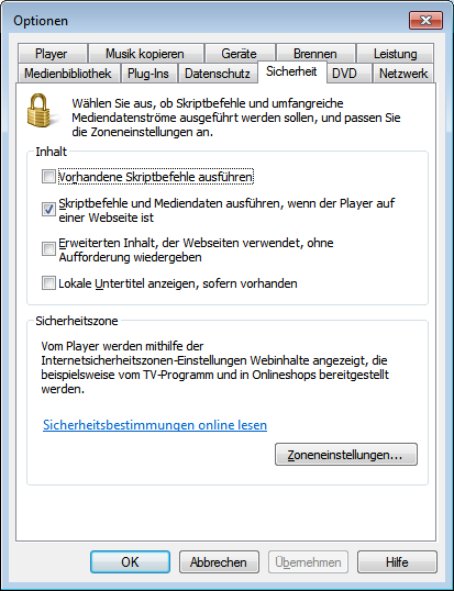 Abb. Windows Media Player Konfiguration